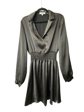 Steve Madden Women's Satin Long-Sleeve Mini Dress With Smocked Waistband Black S